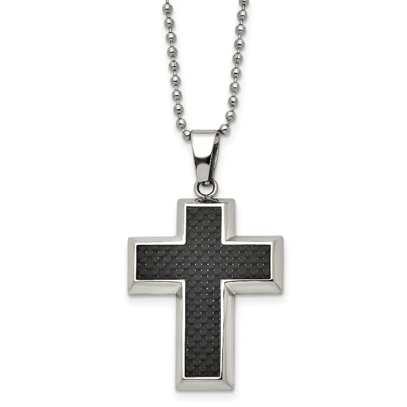 Titanium Polished w/Black Carbon Fiber Inlay Cross 22in Necklace