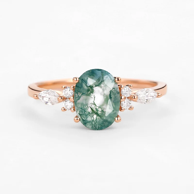 Oval Moss Agate Classic Engagement Ring