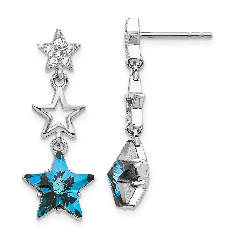 Sterling Silver Rhodium-plated Clear & Blue Crystal Star Dangle Earrings