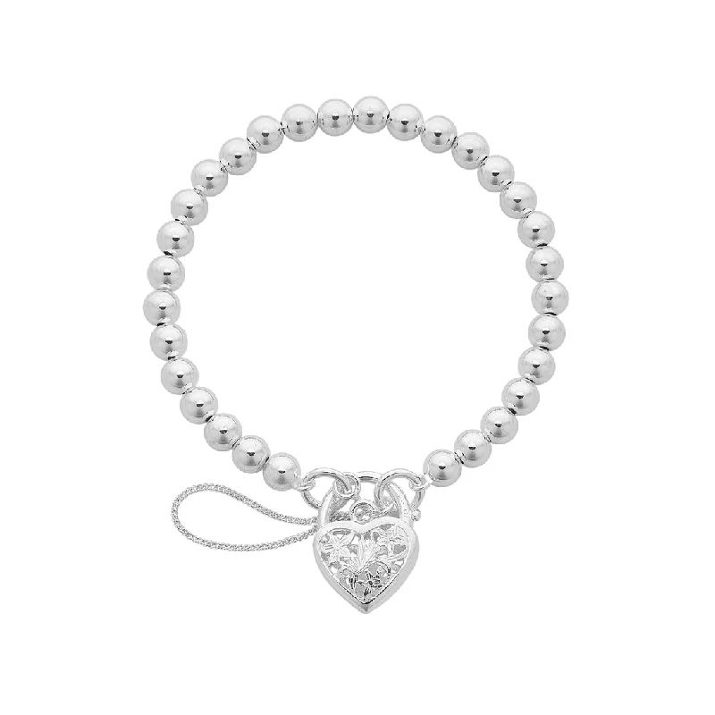 Sterling Silver Plain Filigree Heart and Ball Padlock Bracelet