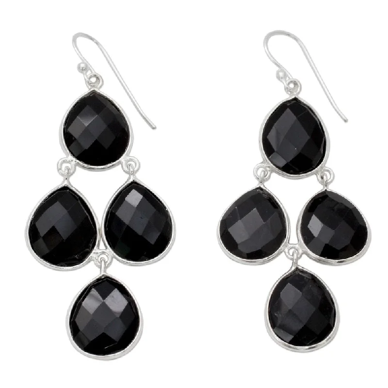 NOVICA Handmade Sterling Silver 'Midnight Chandelier' Onyx Earrings (India) - 2.4*1