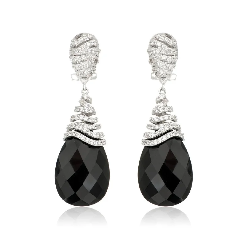 925 Sterling Silver Black Agate and White Natural Zircon Drop Earrings