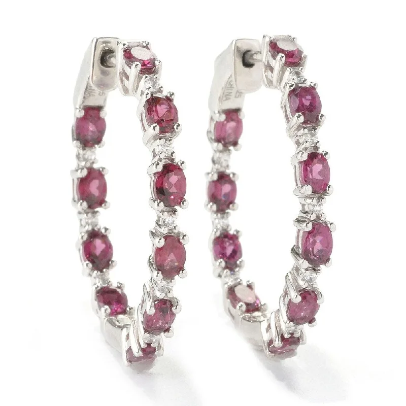 Sterling Silver 1.25-inch Rhodolite and White Zircon Hoop Earrings