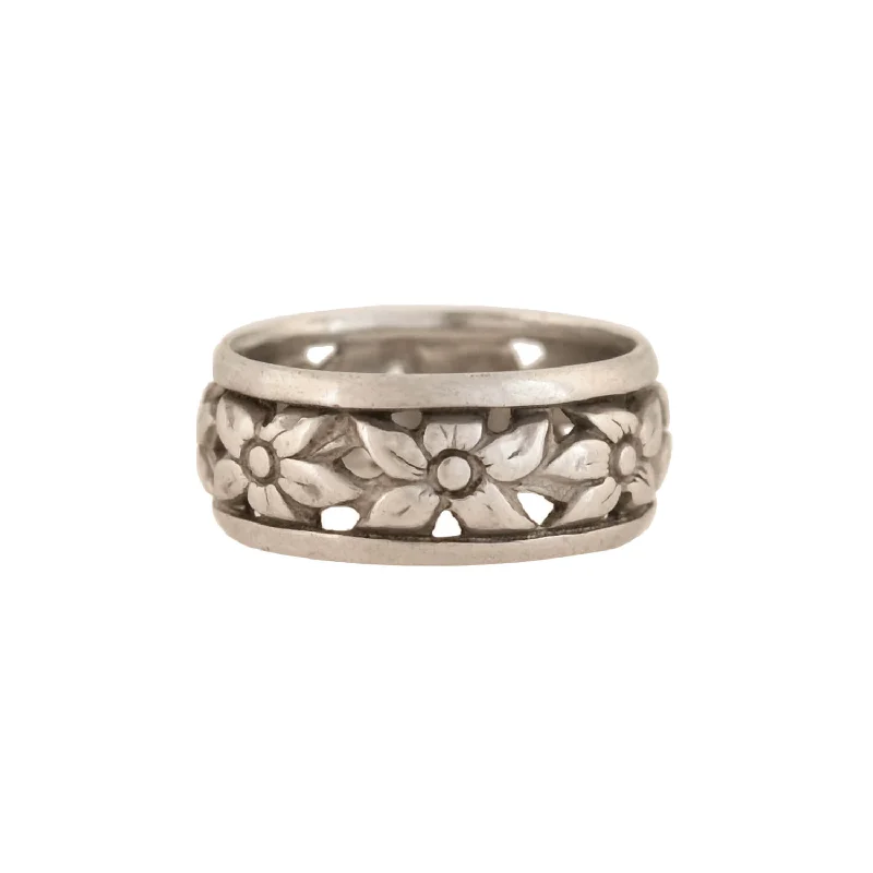 Art Deco Sterling Silver Carved Floral Motif Band