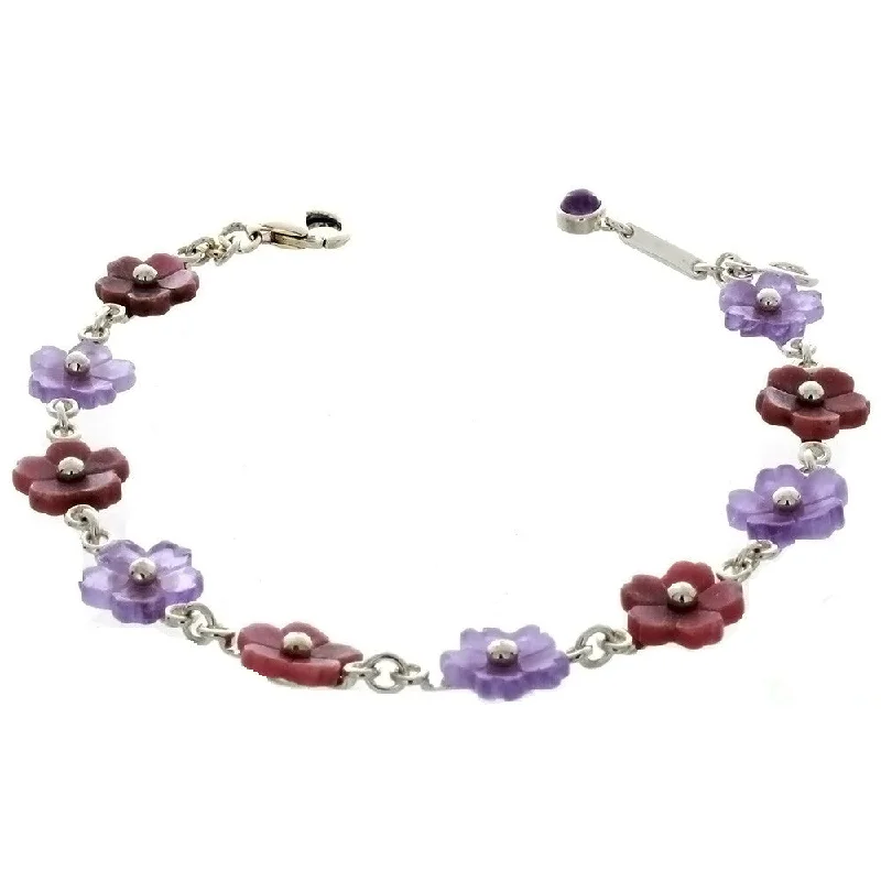 LINK RHODONITE & PURPLE JADE FLOWER SS BRACELET