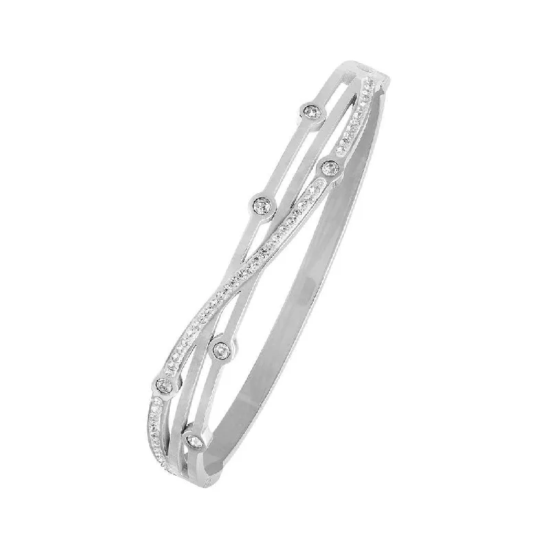 Crystal Station Crossover Bangle in Stainless Steel