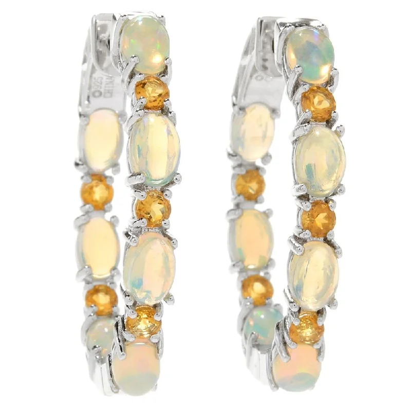 Sterling Silver 1.25" Ethiopian Opal & Madeira Citrine Hoop Earrings