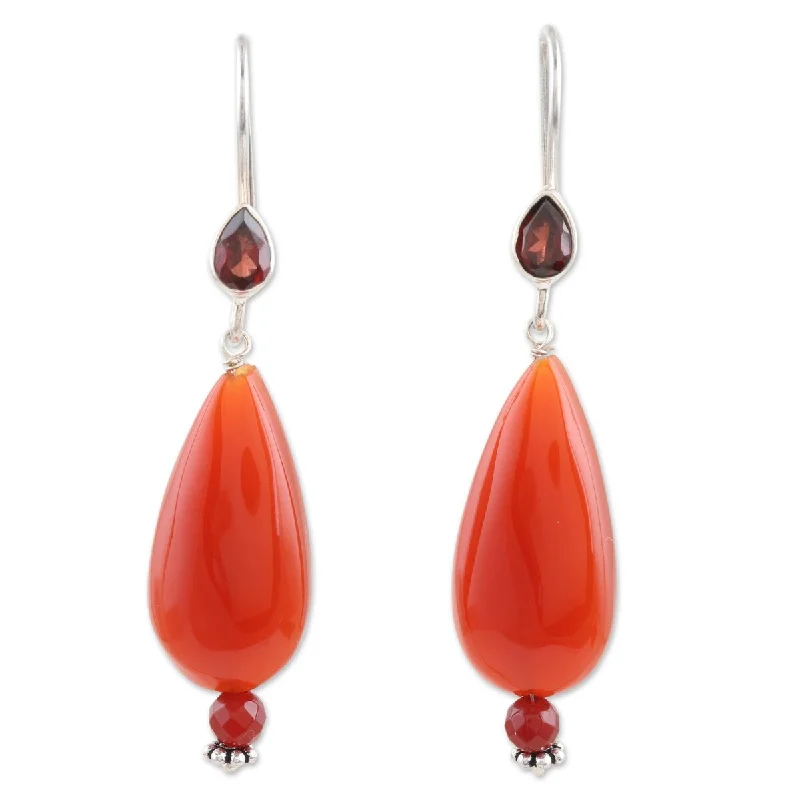 NOVICA Fan the Flame, Carnelian and garnet dangle earrings - 2.1*0.5