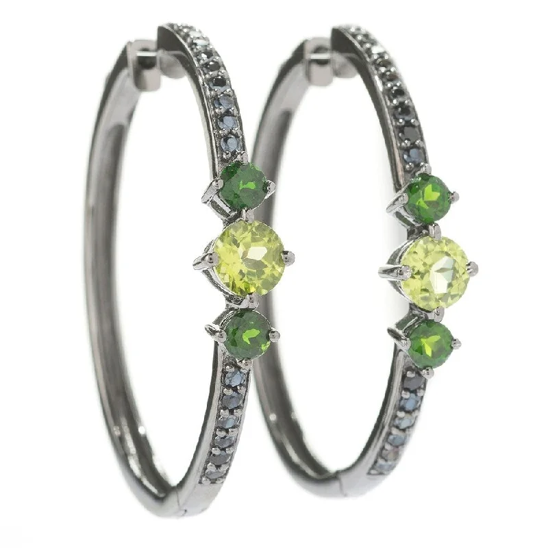 Sterling Silver 1.5' Round Peridot, chrome Diopside & Black Spinel Hoop Earrings