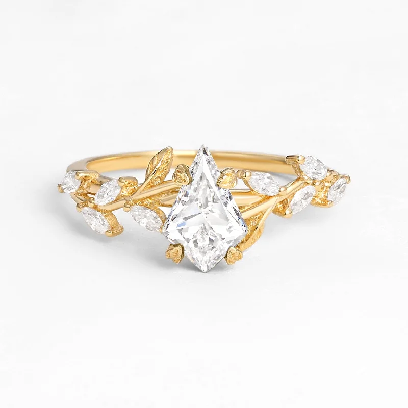 Kite Cut Clear Lab Grown Diamond Leafy Gold Engagement Ring