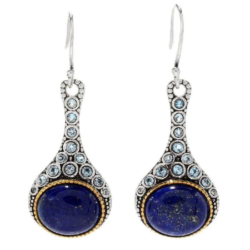 Sterling Silver 1.75" Oval Lapis & Swiss Blue Topaz Drop Earrings