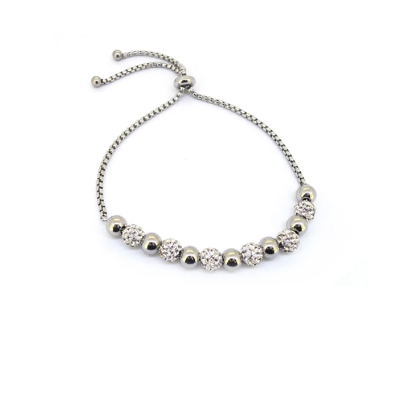 Stainless Steel White Crystal Pave Bolo And Plain Ball Bracelet