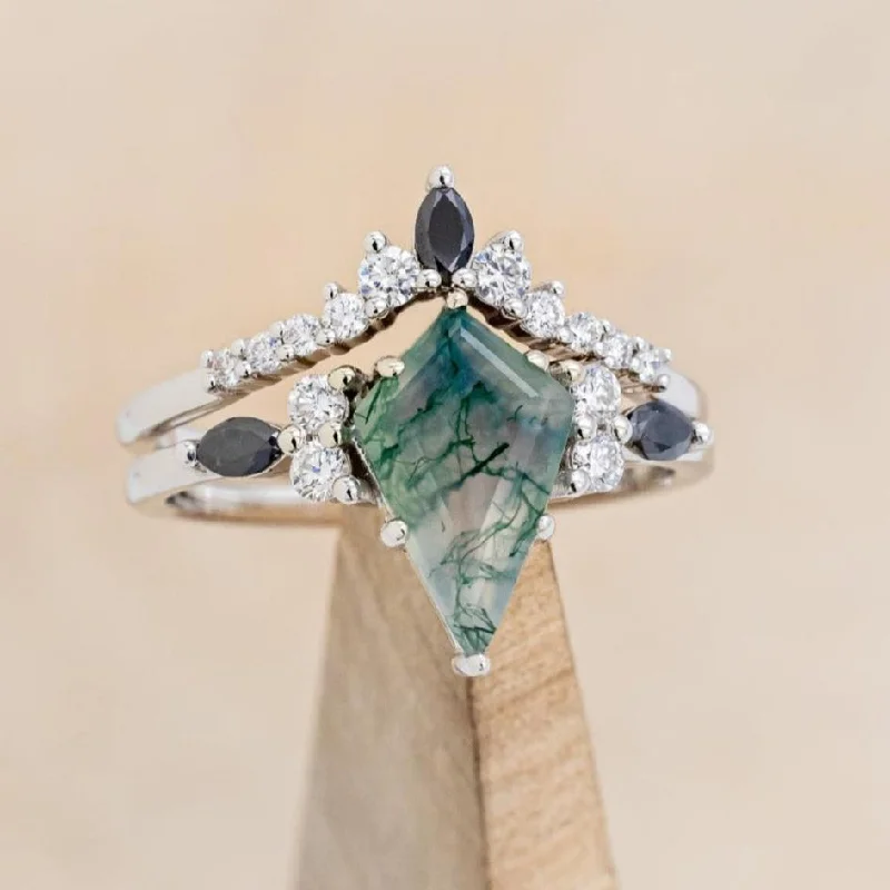 "SAGE" - KITE CUT MOSS AGATE ENGAGEMENT RING WITH BLACK MARQUISE DIAMOND ACCENTS & A DIAMOND TRACER