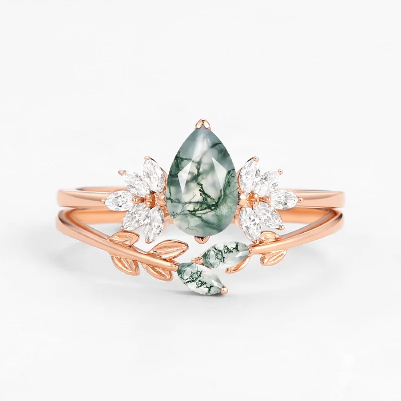 Pear Cut Moss Agate Leafy Forest Elves Engagement Ring Set 2pcs - Amayah