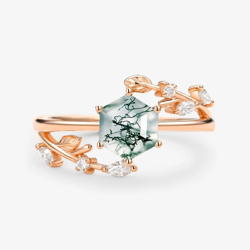 Perfect Hexagon Cut Moss Agate Leafy Engagement Ring