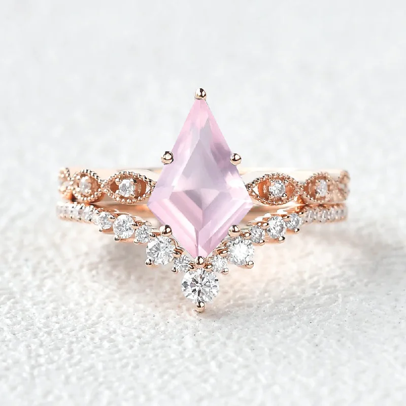 Vintage Rose Quartz Kite Cut Engagement Ring Set 2pcs - Winona