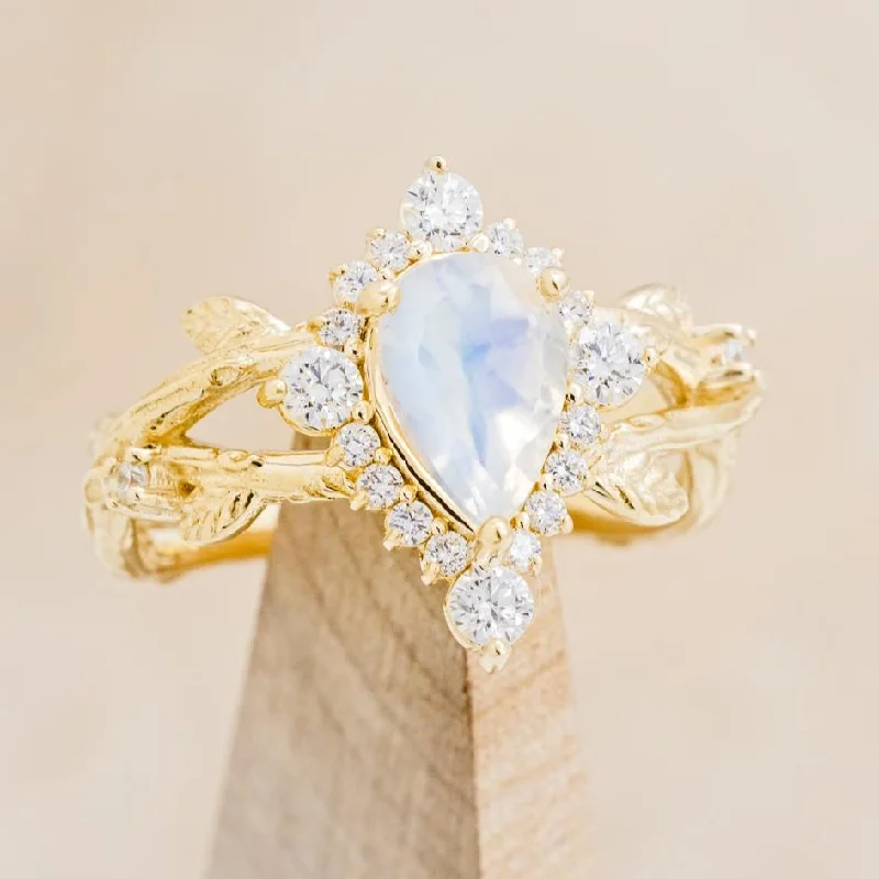 "ARTEMIS ON THE VINE DIVINE" - PEAR CUT MOONSTONE ENGAGEMENT RING WITH DIAMOND ACCENTS & A BRANCH-STYLE BAND