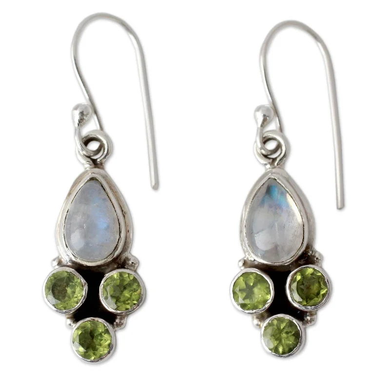 Handmade Rainbow Moonstone and Peridot Dangle Earrings, 'Moonlit Meadow' (India) - 1.5*0.4