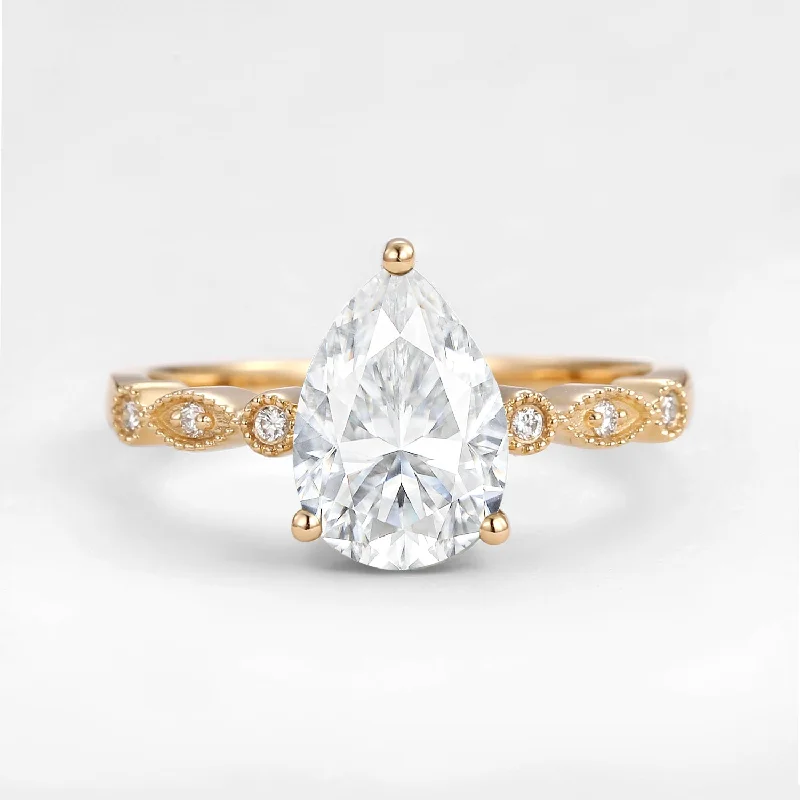 Unique Inspired Pear Shaped Moissanite Engagement Ring