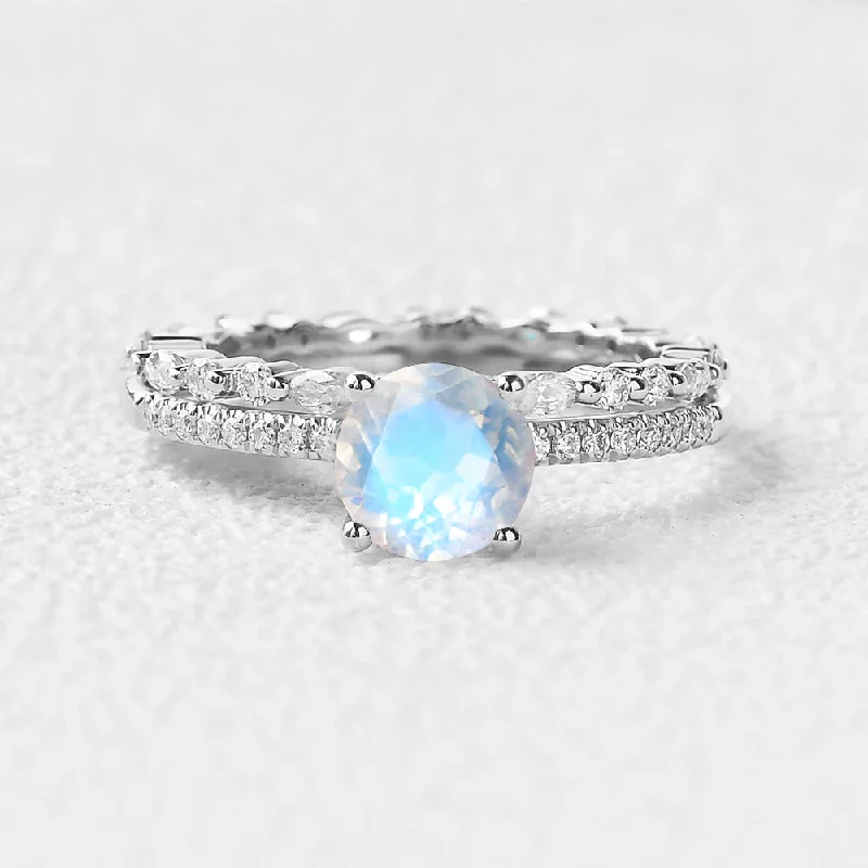 Round Cut 4 Prongs Moonstone Engagement Ring Set 2pcs