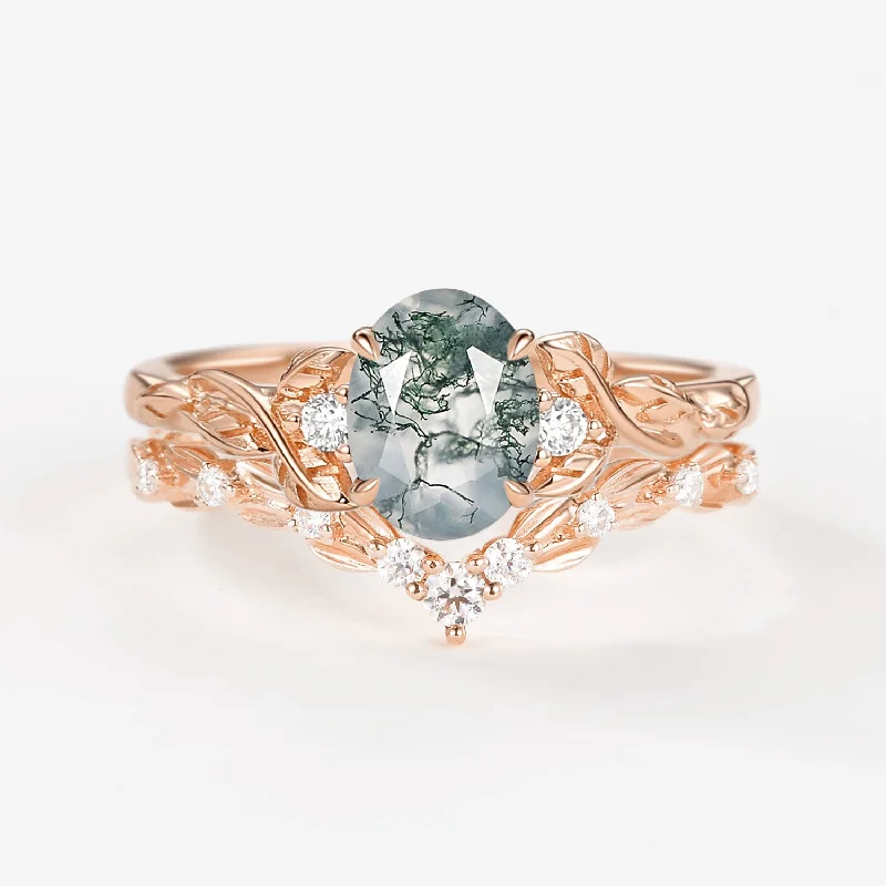 Unique Moss Agate Leafy Engagement Ring Sets 2pcs