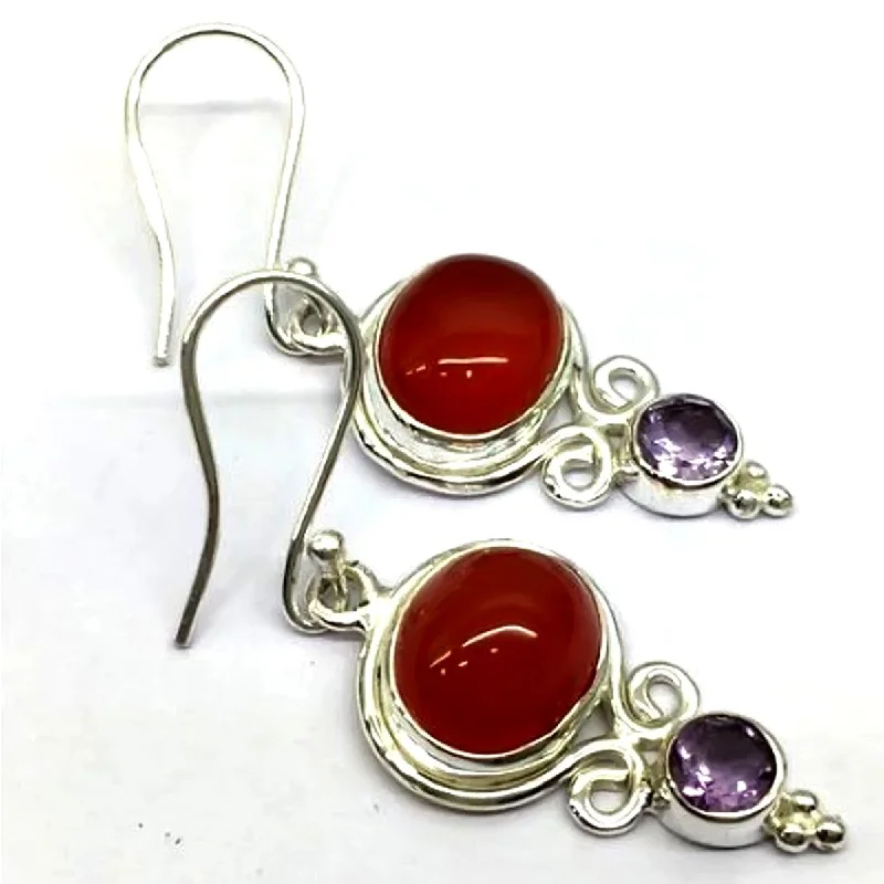 925 Sterling Silver African Amethyst and Carnelian Drop Earrings