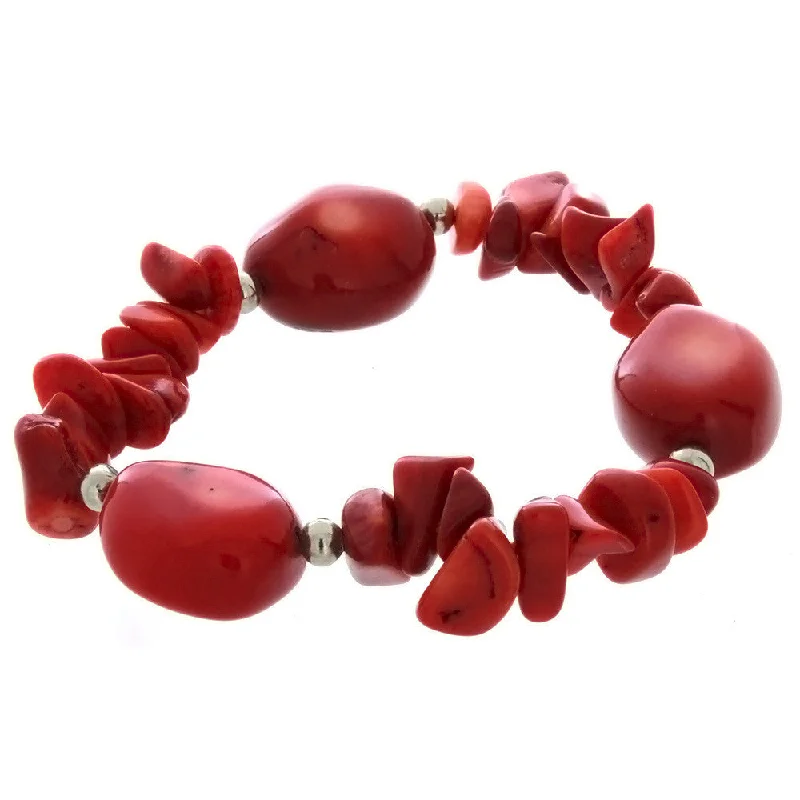 STRETCH GEMSTONE CORAL RED CHIP & NUGGET BRACELET