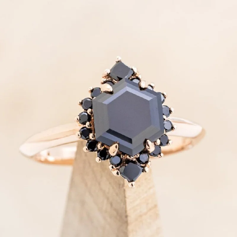 "NEREZZA" - HEXAGON CUT BLACK MOISSANITE ENGAGEMENT RING WITH A BLACK DIAMOND HALO