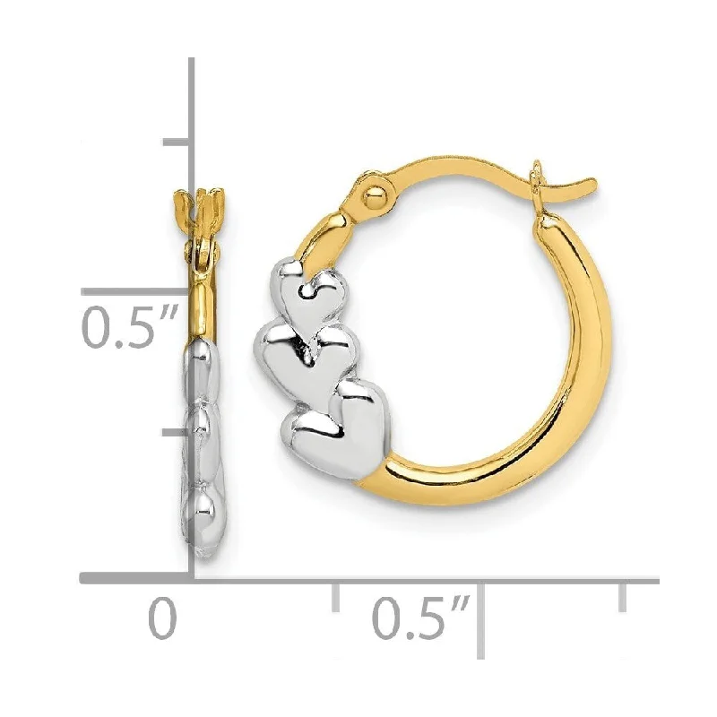 Diamond2Deal 10k Yellow Gold and Rhodium and Hearts Hollow Hoop Earrings (L-16mm, W-16mm)