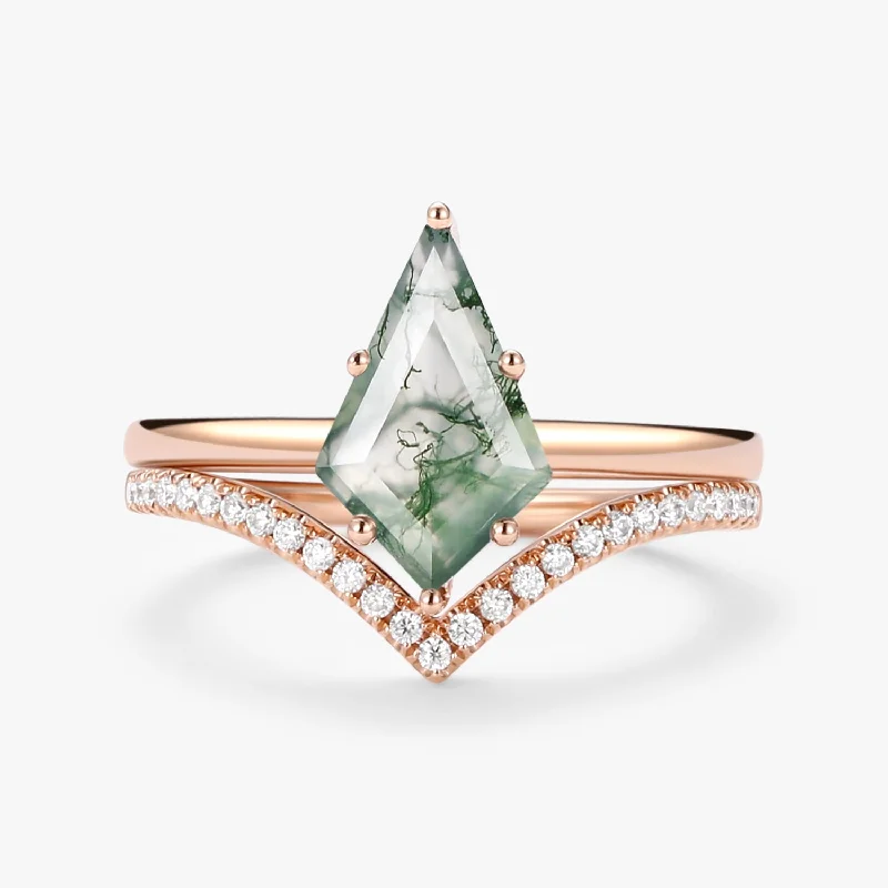 Kite Cut Moss Agate Engagement Ring Set 2pcs