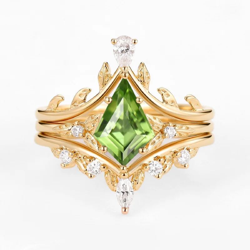 Kite Cut Peridot Leafy Engagement Ring Set 3pcs