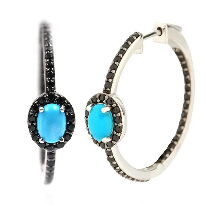 Sterling Silver 925 Sleeping Beauty Turquoise and Black Spinel Hoop Earrings