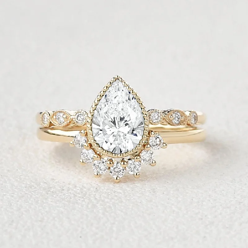 Vintage Milgrain Pear Cut Lab Grown Diamond Engagement Ring Set 2pcs