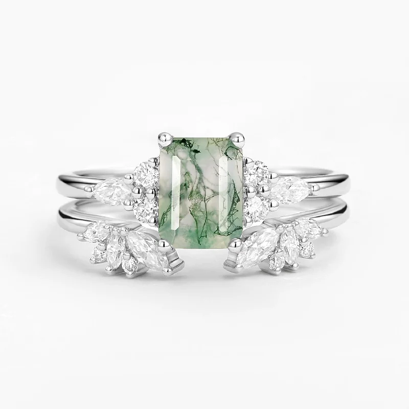 Emerald Cut Green Moss Agate Cluster Engagement Ring Set 2PCS