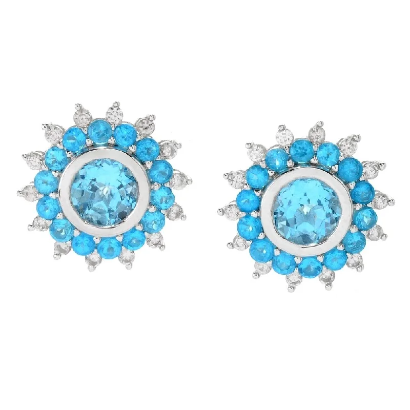 Sterling Silver Swiss Blue Topaz, Blue Neon Apatite and White Zircon Double Halo Flower Stud Earrings