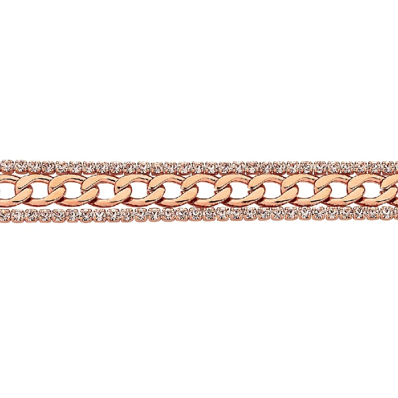 Stainless Steel Rose Tone Open Curb Crystal Bracelet