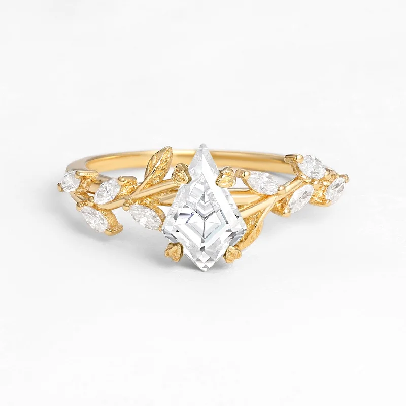 Kite Cut Clear Moissanite Leafy Gold Engagement Ring