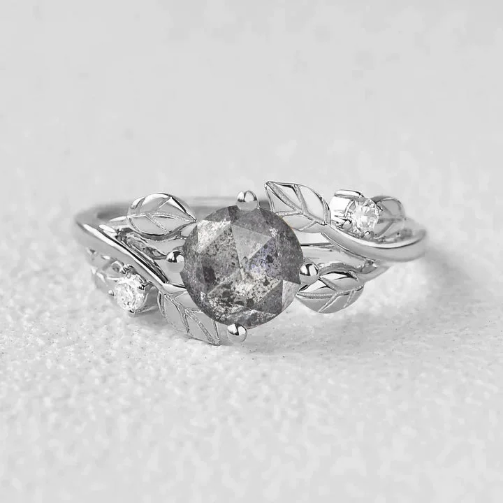 Rose Cut Round Salt and Pepper Diamonds Leaf Engagement Ring