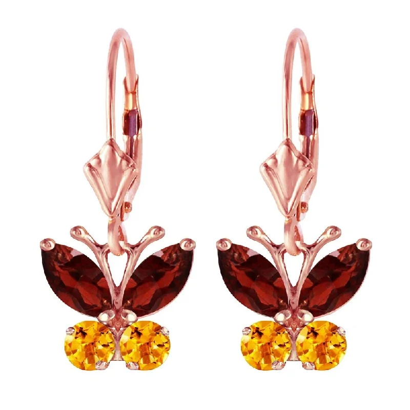 1.24 CTW 14K Solid Rose Gold Butterfly Earrings Garnet Citrine