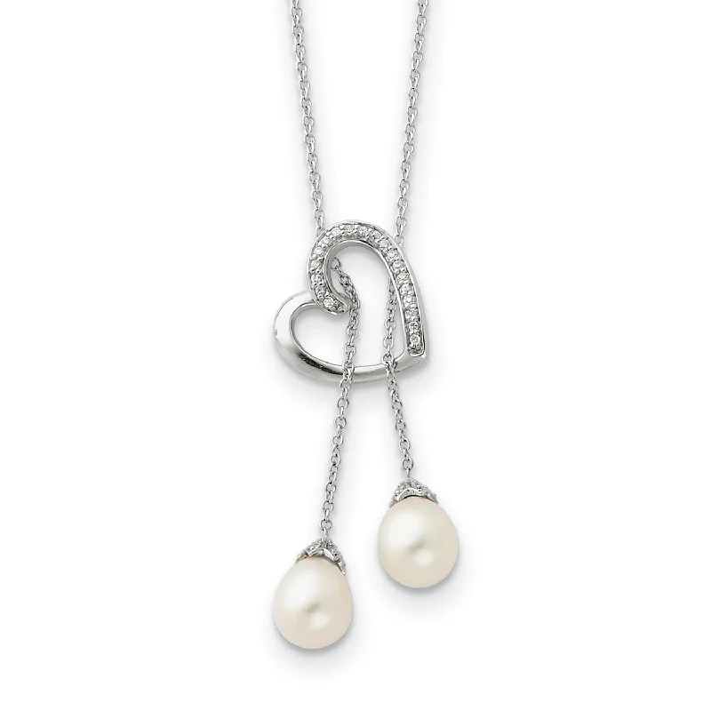 Pearl and Cubic Zirconia Heart 18-inch Necklace in Sterling Silver