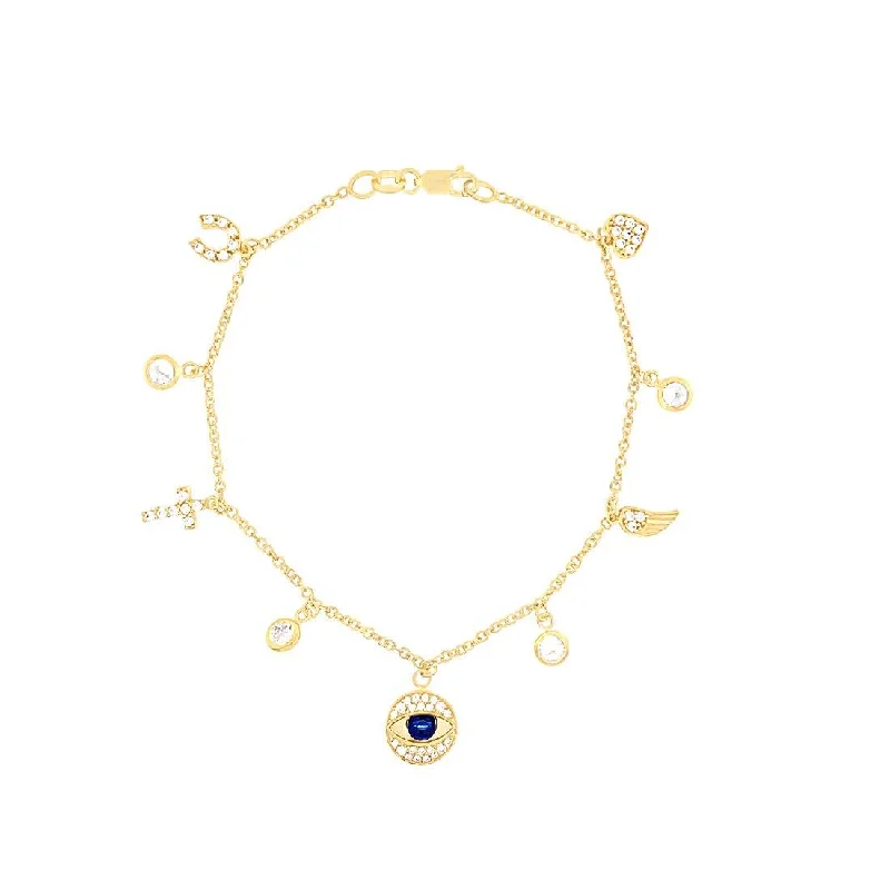 9ct Yellow Gold Silver Infused Evil Eye Charm Bracelet