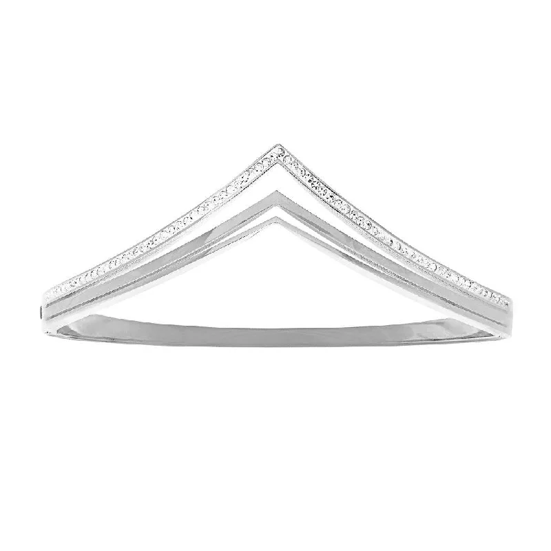 Pave Crystal V Shape Bangle in Silver Stainless Steel