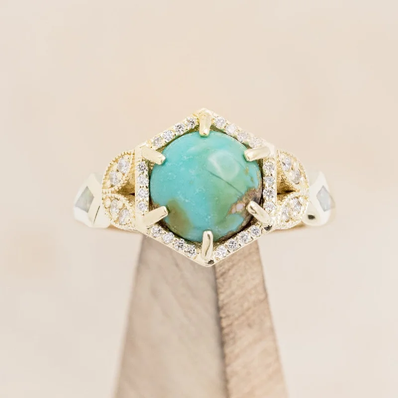 "LUCY IN THE SKY" - ROUND CABOCHON CUT TURQUOISE ENGAGEMENT RING WITH DIAMOND ACCENTS & FIRE AND ICE OPAL INLAYS