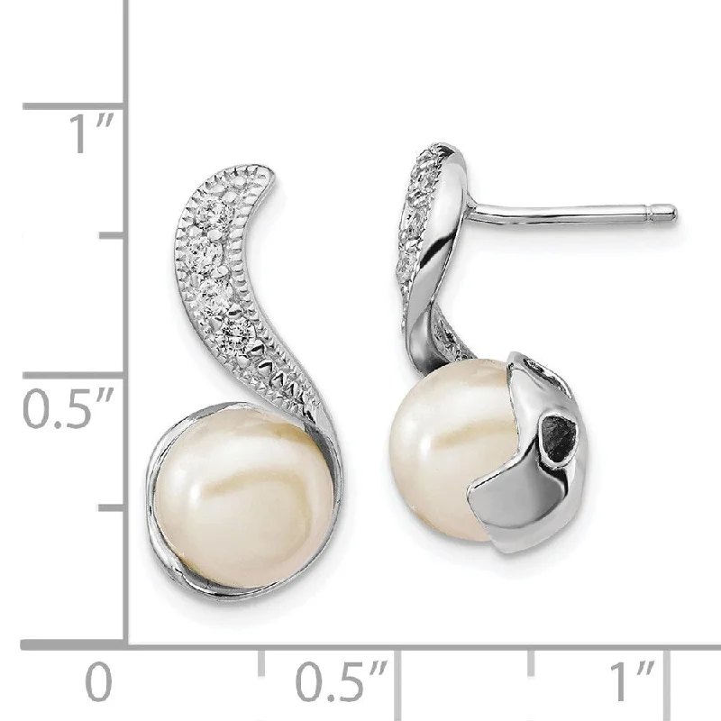 Sterling Silver Rhod Plated CZ & FWC Pearl Swirl Dangle Earrings (L-20 mm, W-9 mm)