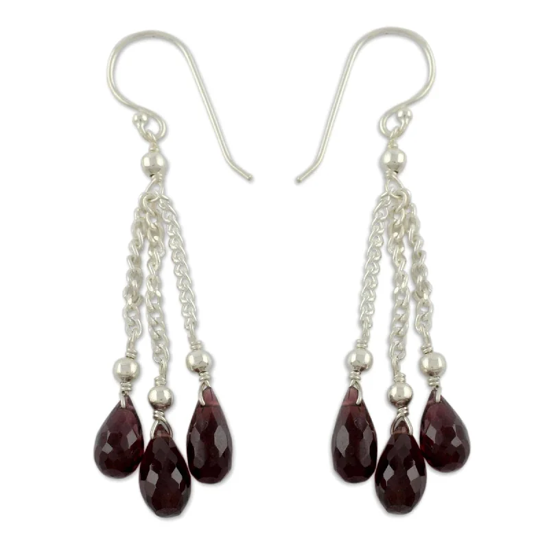 Handmade Sterling Silver Sparkling Wine Garnet Earrings (India) - 2.0" L x 0.2" W