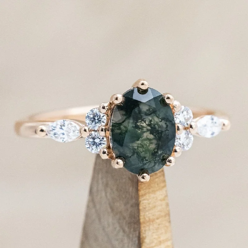 "SAGE" - OVAL CUT MOSS AGATE ENGAGEMENT RING WITH DIAMOND ACCENTS