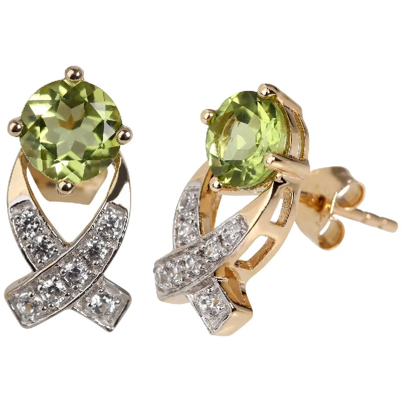 14Kt Yellow Gold Peridot and White Natural Zircon Stud Earrings