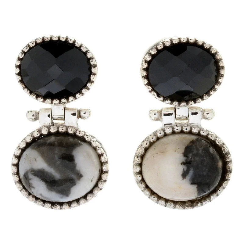 Sterling Silver Oval Black Spinel Beaded Drop Earrings