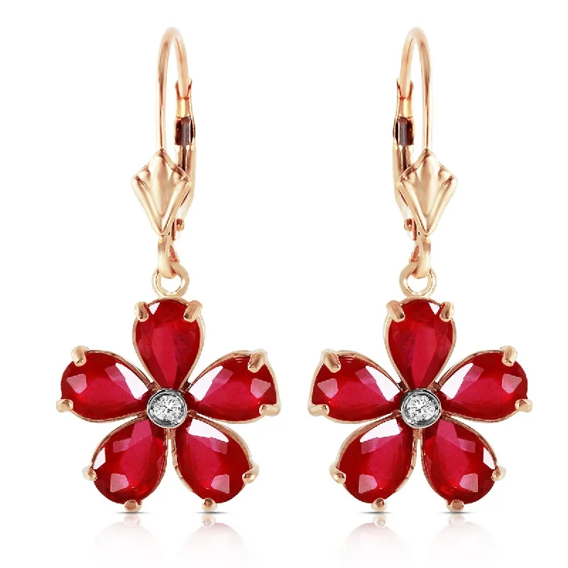 14K Solid Gold Leverback Earrings w/ Natural Rubies & Diamonds