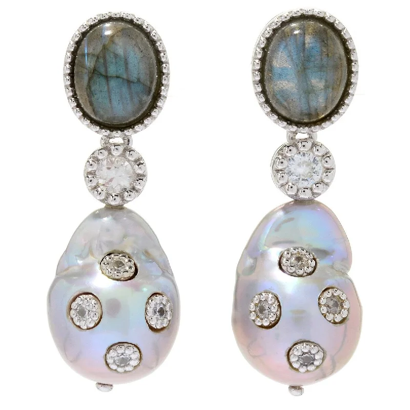 Dallas Prince Designs Sterling Silver 1.75" 20 x 14mm Cultured Pearl & Gemstone Drop Earrings